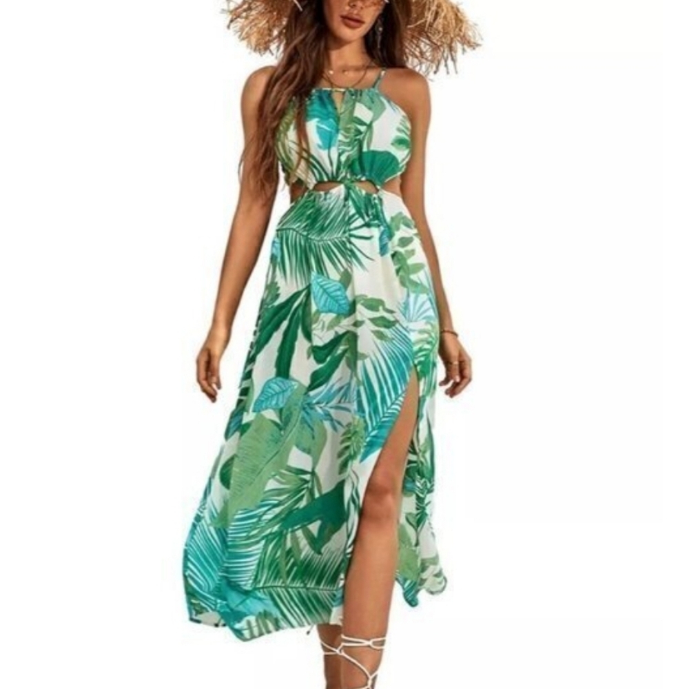 Tropical Green Leaf Print Maxi Dress
